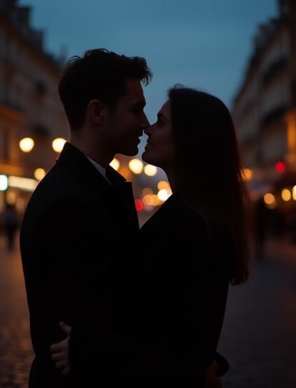 Jeune couple à Paris au crépuscule